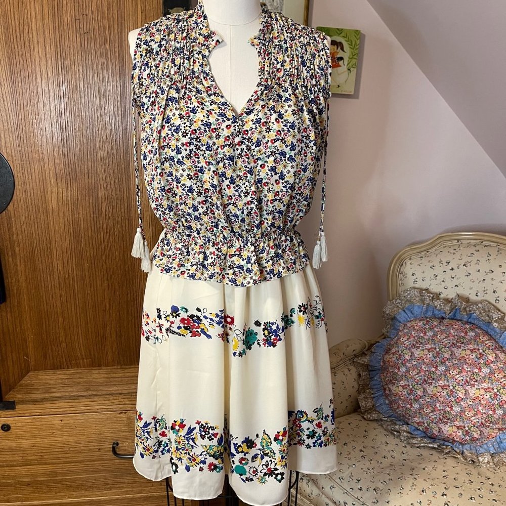 Derek Lam silk two piece dress and blouse in cream and color floral sz 2